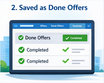 Tablou de bord al utilizatorului care arată cursele finalizate stocate ca Oferte finalizate pe ExusTrans